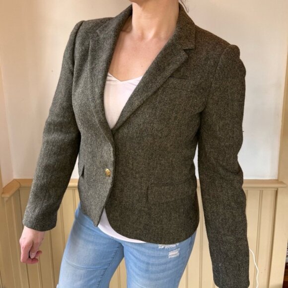 J. Crew Dark Gray Green Schoolboy Blazer Sleeves Lining Size S/M Donegal Tweed - Picture 2 of 9